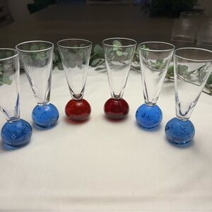 Elegant Vintage Glass Ball Base Goblets with Blue and Red Bases